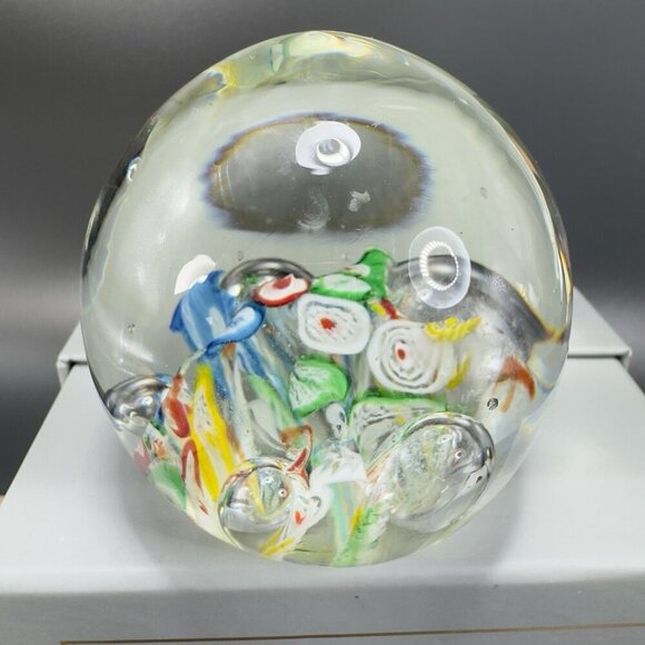 Hand Blown Art Glass Paperweight With Large Bubbles Multicolored Millefiori VTG - Picture 11 of 12